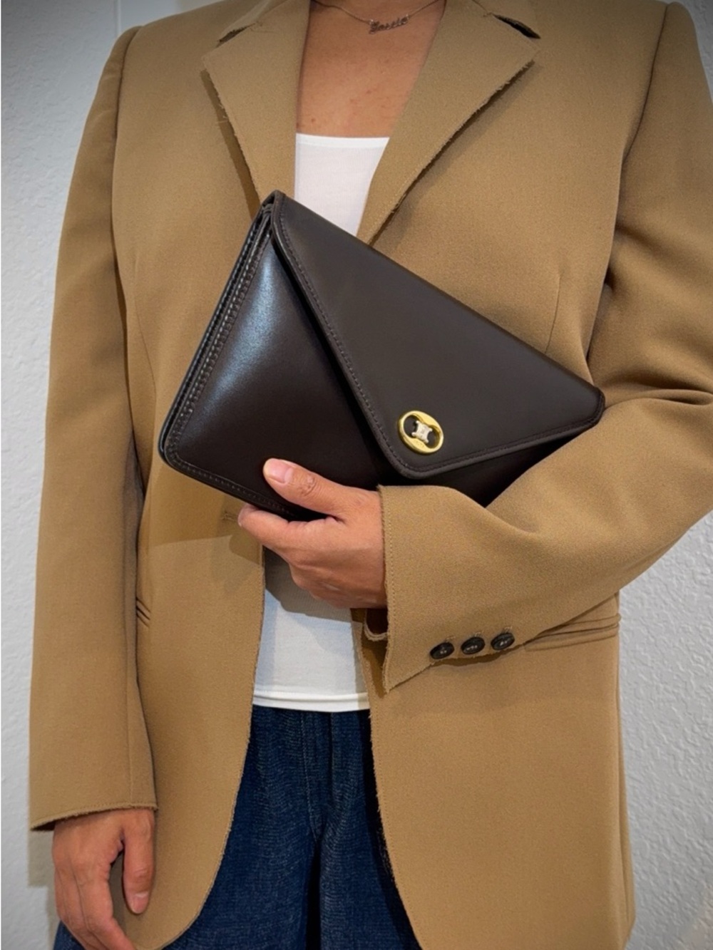 Auth Vintage 1990s Celine Triomphe Envelope Dark Brown Leather Clutch Bag - Picture 2 of 14